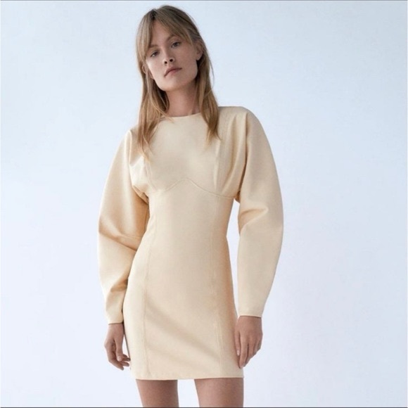 Zara Cream Long-Sleeve Stretch Mini Dress - NWT - Seam Details - Size Small - Picture 9 of 9